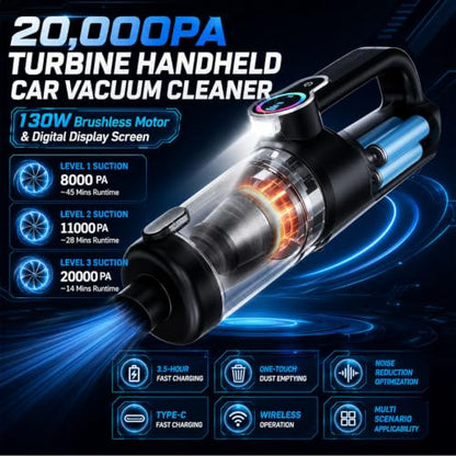 Cordless Car Vacuum Cleaner 20000Pa Handheld & Air Duster with Attachments