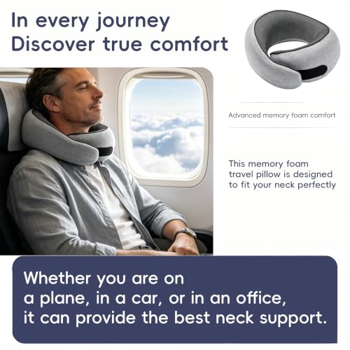 Travel Pillow for Airplanes Light Gray Memory Foam Neck Support with 360° Support