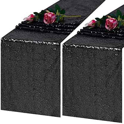 Black Sequin Table Runner 12x108 Inch Set of 2 for Elegant Party Decor