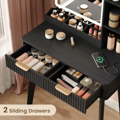 Vabches Black Small Makeup Vanity Desk with Mirror, Lights & USB-C Charger