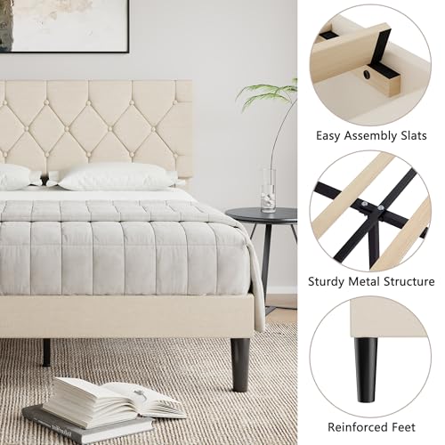 Upholstered Queen Bed Frame with Adjustable Headboard and Storage