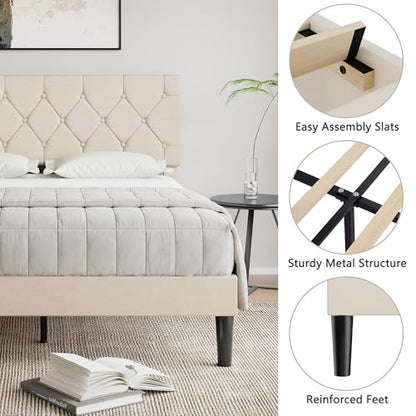 Upholstered Queen Bed Frame with Adjustable Headboard and Storage