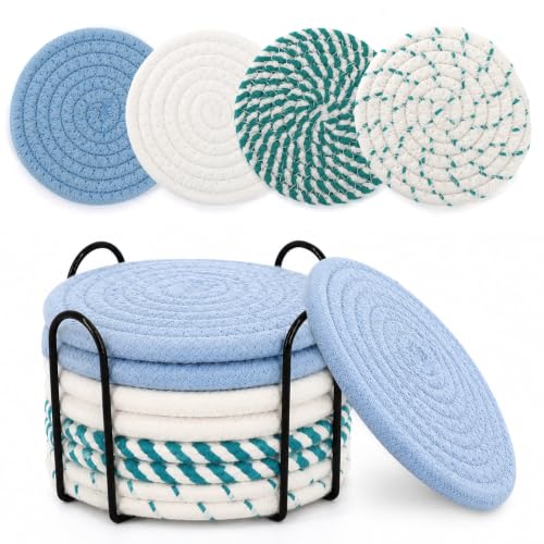 Blue Boho Cotton Woven Drink Coasters Set of 8 with Holder