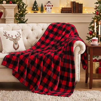 Christmas Fleece Throw Blanket for Couch & Bed - Red & Black Plaid 50x60