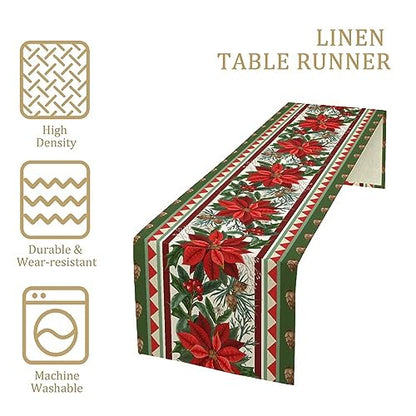 Christmas Table Runner 13x36 Inch Red Green Poinsettia Holly Pattern Holiday Decor W13"xL36"