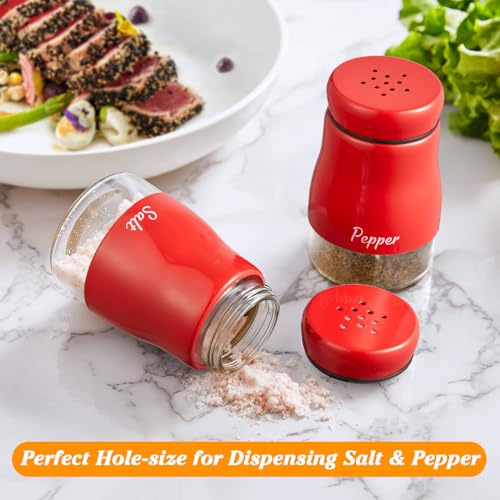 Red Salt and Pepper Shakers Set - 5oz Dispensers with Glass Bottom, Cute Kitchen Decor