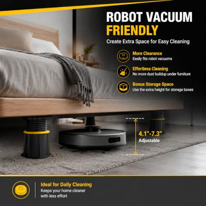 Black Round Adjustable Bed Support Legs 4.1–7.3 Inch with Locking Ring - 2 Pack
