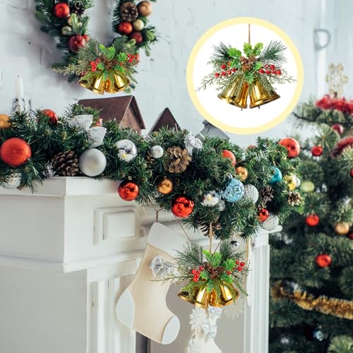 Christmas Bell Hanging Ornaments Set - Gold Rustic Metal Decor with Berries, 8.7" - 2 Pieces