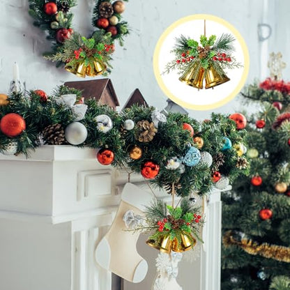 Christmas Bell Hanging Ornaments Set - Gold Rustic Metal Decor with Berries, 8.7" - 2 Pieces