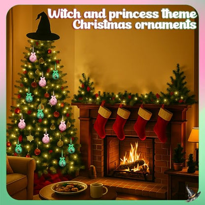 12Pcs Witch Christmas Ornament Set - Pink and Green Holiday Tree Decorations