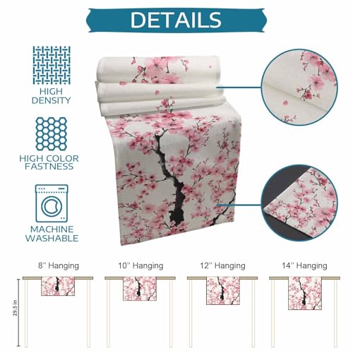 Japanese Style Cherry Blossom Table Runner 13x72 Inches Cotton Linen Burlap Pink
