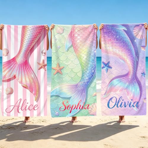 Personalized Mermaid Beach Towel for Kids & Adults - Custom Name & Photo Microfiber Quick Dry Sand-Free Pool & Travel Towel - Mermaid Variation