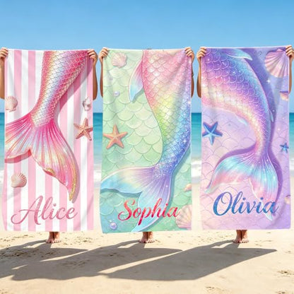 Personalized Mermaid Beach Towel for Kids & Adults - Custom Name & Photo Microfiber Quick Dry Sand-Free Pool & Travel Towel - Mermaid Variation