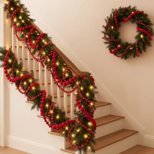 Giant Red Velvet Christmas Ball Garland Set - 3 Pcs 19.68ft with Tassels, Modern Style