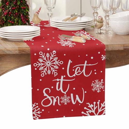 Christmas Table Runner Cotton Linen Let It Snow Decor 13 x 108 Inch - Orange Smearoud0993