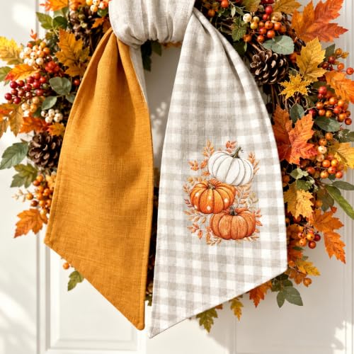 Fall Wreath Sash for Front Door - Gray White Plaid Pumpkin Decor