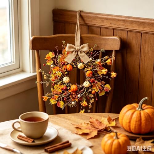 Fall Multi Mini Hanging Wreaths with Maple Leaves Pumpkins Berries Burlap Bow - Set of 4