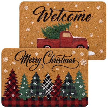 Christmas Coir Door Mat - 2 Pcs Holiday Welcome Doormats with Rustic & Plaid Designs - Variation 3
