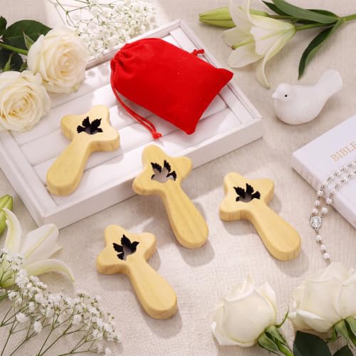 Holy Spirit Dove Pocket Cross Set with Red Velvet Pouches - Christian Prayer Accessory