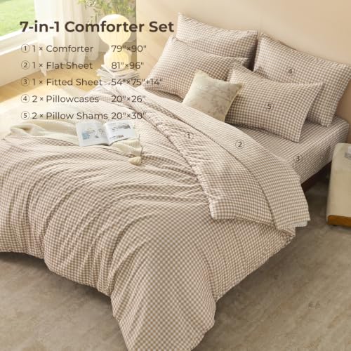 Litanika Full Size Tan Gingham Comforter Set - 7 Pieces Bedroom Bedding
