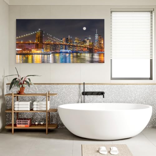 Brooklyn Bridge Night Skyline Canvas Wall Art - 58x29 Inches Colorful