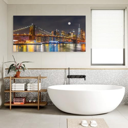 Brooklyn Bridge Night Skyline Canvas Wall Art - 58x29 Inches Colorful