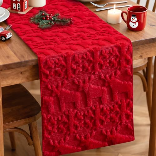 Christmas Snowflake and Elk Plush Faux Fur Jacquard Table Runner 13x90 Inch - Red