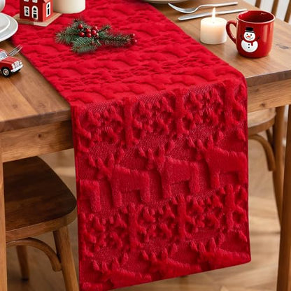 Christmas Snowflake and Elk Plush Faux Fur Jacquard Table Runner 13x90 Inch - Red