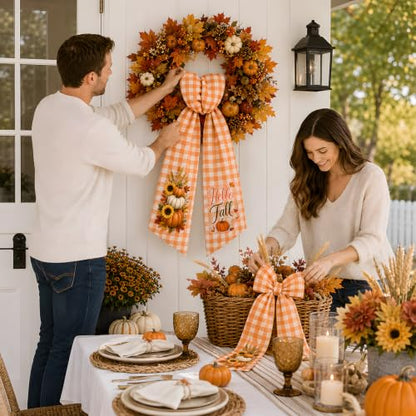 Fall Wreath Sash for Front Door - Orange and White Plaid Satin Decor - Variation of THIS listing