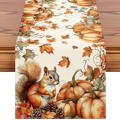 Fall Pumpkin Squirrel Table Runner - Autumn Thanksgiving Kitchen Decor 13x72 Inch - Squirrel Variation