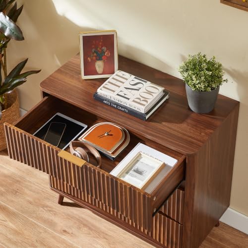 Oversized 31.5W Fluted Nightstand with 3 Drawers in Walnut
