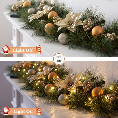 6ft Christmas Garland with Lights - Natural Pine Branches, Berries & Poinsettias - Style3