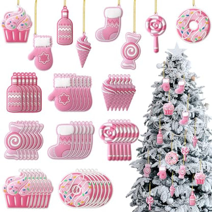 Pink Christmas Candy Ornaments Set - 48 Cute Holiday Decor, Hanging