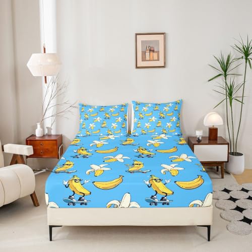 Queen Size Fitted Sheet Set with Flat Sheet and Pillowcases - Blue Yellow Banana Design