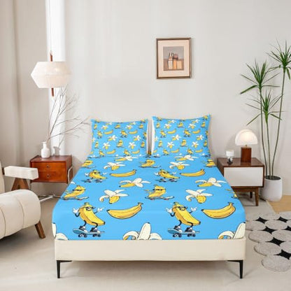 Queen Size Fitted Sheet Set with Flat Sheet and Pillowcases - Blue Yellow Banana Design