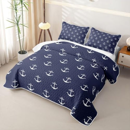 Navy Blue Nautical Anchor Full Quilt Set with Pillow Shams - Ocean Sailboat Microfiber Bedding