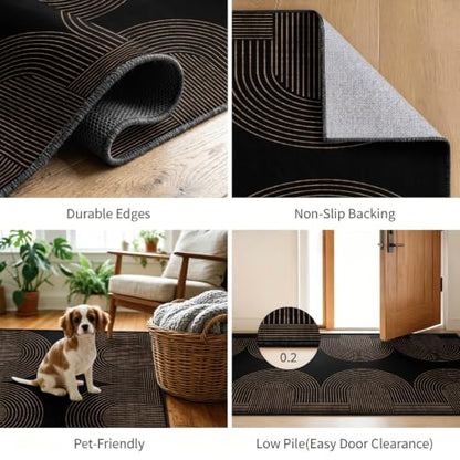 Gold and Black Geometric Runner Rug for Hallway 4x12ft - Non Slip & Machine Washable