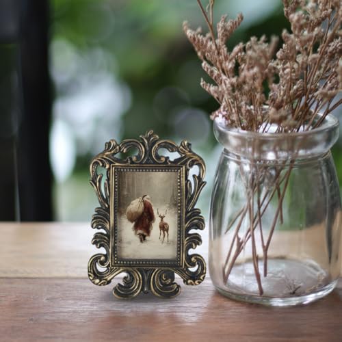 Vintage Christmas Santa Reindeer Small Picture Frame - Baroque Style - Santa Deer Variation
