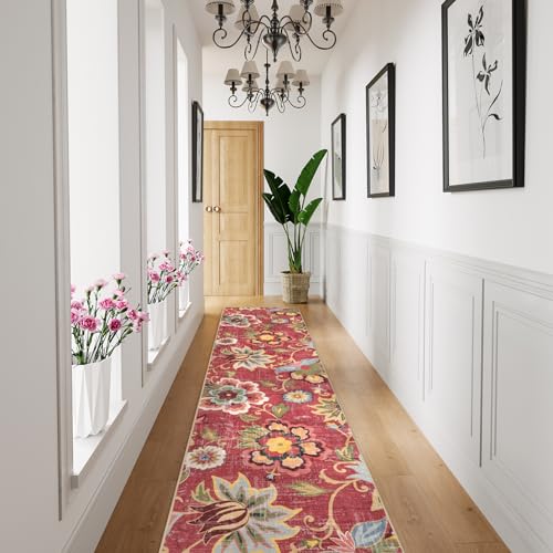 Beeiva Floral Runner Rug Non Slip 2.5x12 Feet Vintage Red Floor Runner