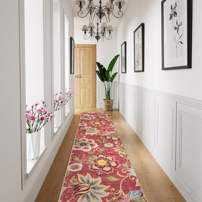 Beeiva Floral Runner Rug Non Slip 2.5x12 Feet Vintage Red Floor Runner