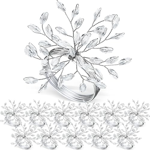 Willbond Christmas Crystal Leaf Napkin Rings Set - Silver, 12 Pieces