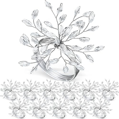 Willbond Christmas Crystal Leaf Napkin Rings Set - Silver, 12 Pieces