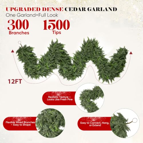 12FT Thick Christmas Cedar Garland with 300 Branches and Real Touch Layers - Extra Full, Green