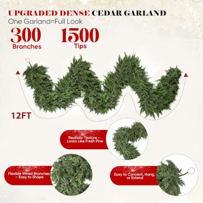 12FT Thick Christmas Cedar Garland with 300 Branches and Real Touch Layers - Extra Full, Green