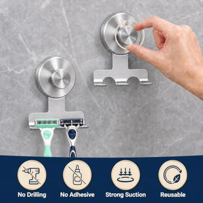 Brushed Silver Suction Cup Razor Holder for Shower Wall Mount Hook - Round