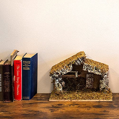 Handmade Wooden Nativity Stable with Moss for Christmas Scene - 12x7x9 Inches