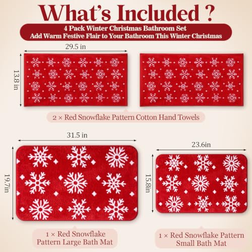 Gilprop Snowflake Christmas Bathroom Rugs and Towels Set - Red & White, 4 Pieces - Variation of Snowflake