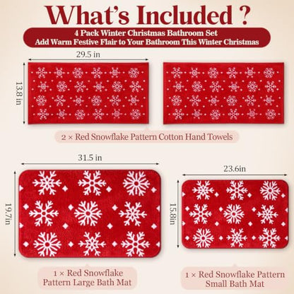 Gilprop Snowflake Christmas Bathroom Rugs and Towels Set - Red & White, 4 Pieces - Variation of Snowflake
