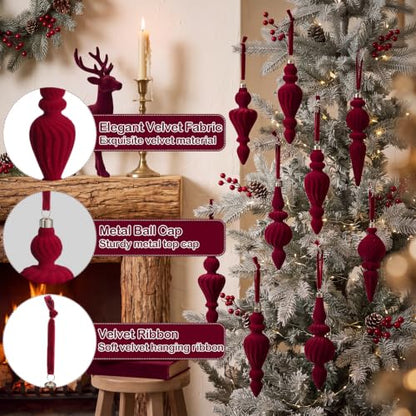 8 Pcs Burgundy Velvet Finial Christmas Tree Ornaments - Elegant Holiday Decor
