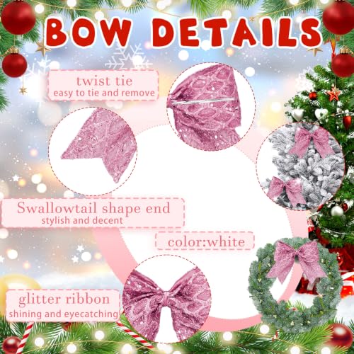 Pink Glitter Mesh Christmas Tree Bows - 12 Pack 6 Inch Holiday Decor